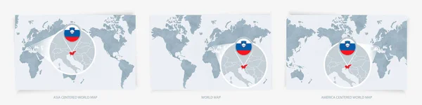 Drie Versies Van Wereldkaart Met Uitgebreide Kaart Van Slovenië Met — Stockvector