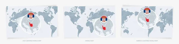 Три Версии Карты Мира Увеличенной Картой Сербии Флагом — стоковый вектор