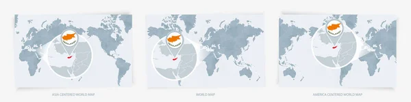 Tres Versiones Del Mapa Mundial Con Mapa Ampliado Chipre Con — Vector de stock