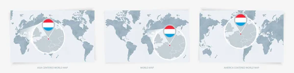 Три Версии Карты Мира Увеличенной Картой Люксембурга Флагом — стоковый вектор