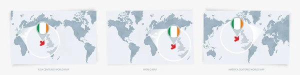 Tres Versiones Del Mapa Mundial Con Mapa Ampliado Irlanda Con — Archivo Imágenes Vectoriales