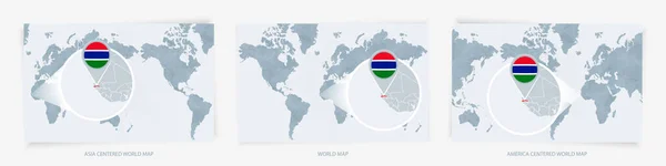 Tres Versiones Del Mapa Mundial Con Mapa Ampliado Gambia Con — Archivo Imágenes Vectoriales