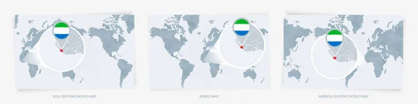 旗を持つシエラレオネの拡大地図と世界地図の3つのバージョン — ストックベクタ