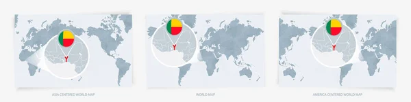 Tres Versiones Del Mapa Del Mundo Con Mapa Ampliado Benín — Vector de stock