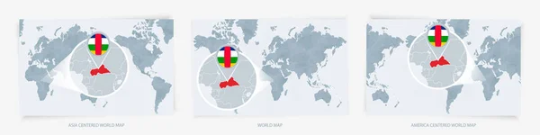 Tres Versiones Del Mapa Mundial Con Mapa Ampliado República Centroafricana — Vector de stock