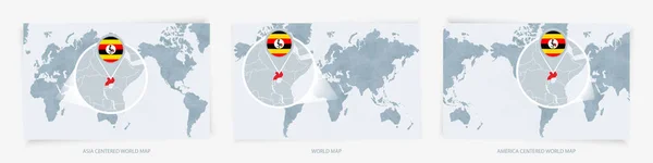 世界地図の3つのバージョン旗とウガンダの拡大地図 — ストックベクタ