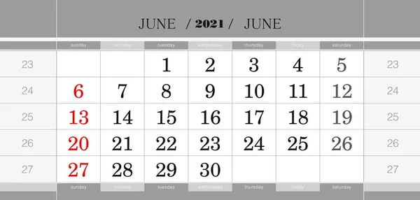 June 2021 Quarterly Calendar Block Wall Calendar English Week Starts Stock Illustration
