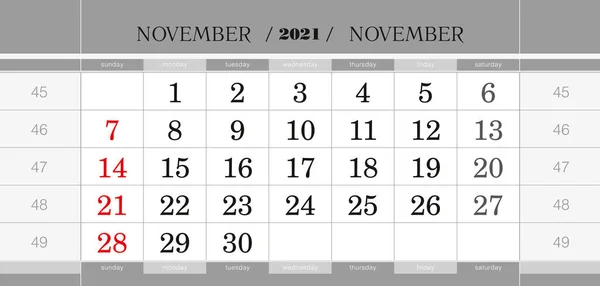 November 2021 Quarterly Calendar Block Wall Calendar English Week Starts Royalty Free Stock Illustrations