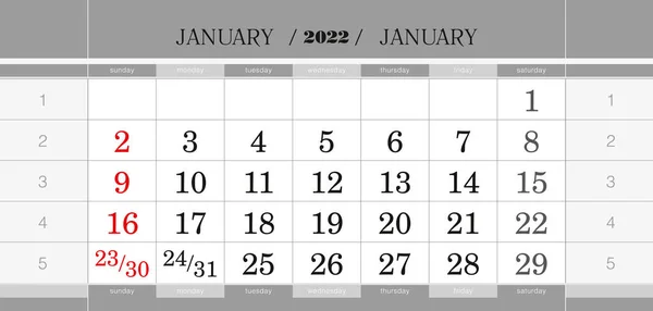 January 2022 Quarterly Calendar Block Wall Calendar English Week Starts Royalty Free Stock Vectors