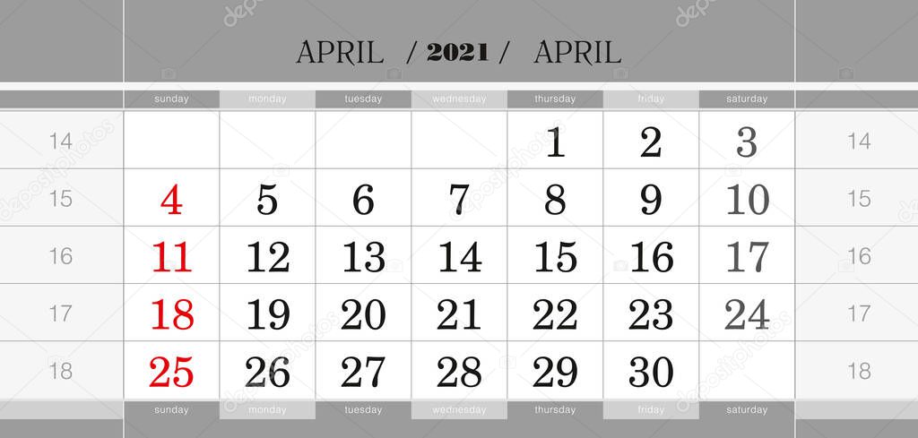 April 2021 quarterly calendar block. Wall calendar in English, week starts from Sunday. Vector Illustration.
