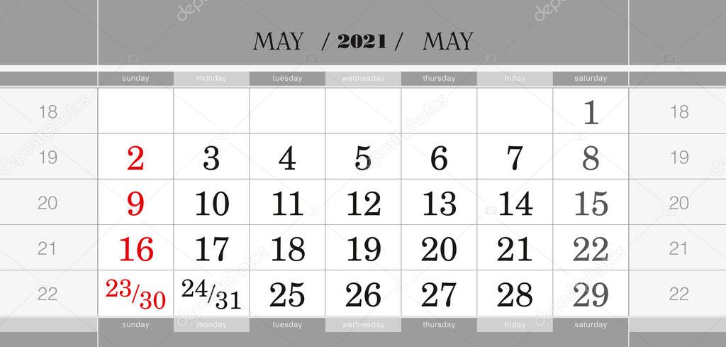May 2021 quarterly calendar block. Wall calendar in English, week starts from Sunday. Vector Illustration.
