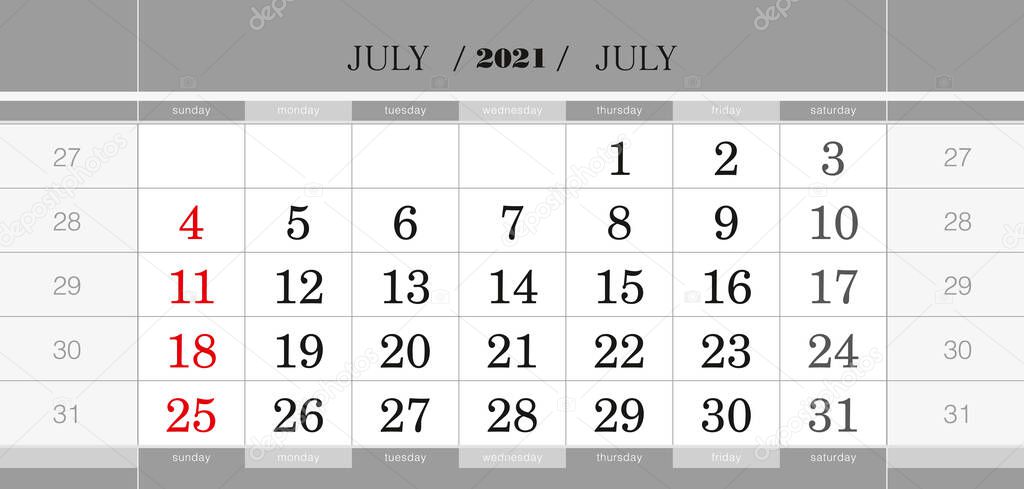 July 2021 quarterly calendar block. Wall calendar in English, week starts from Sunday. Vector Illustration.