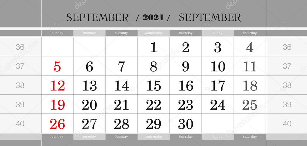 September 2021 quarterly calendar block. Wall calendar in English, week starts from Sunday. Vector Illustration.