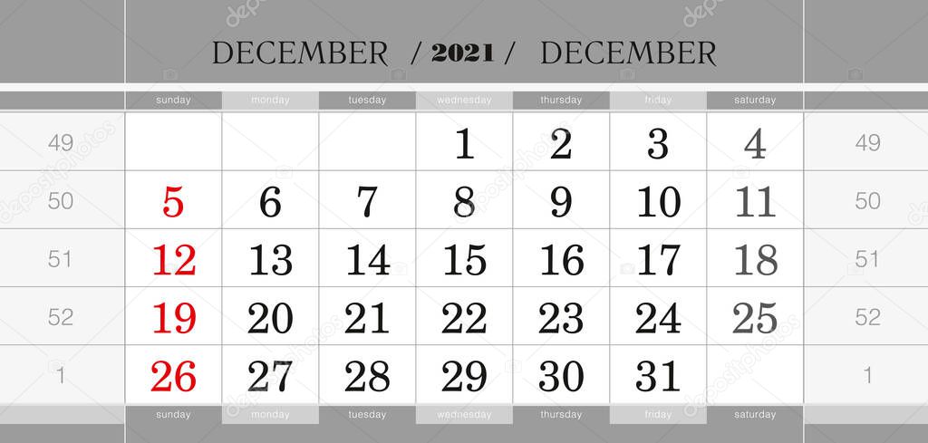 December 2021 quarterly calendar block. Wall calendar in English, week starts from Sunday. Vector Illustration.