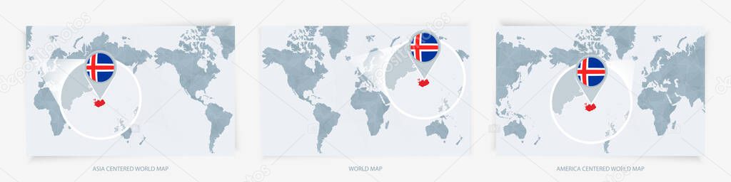Three versions of the World Map with the enlarged map of Iceland with flag.