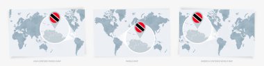 Dünya haritasının genişletilmiş Trinidad ve Tobago haritalı üç versiyonu..