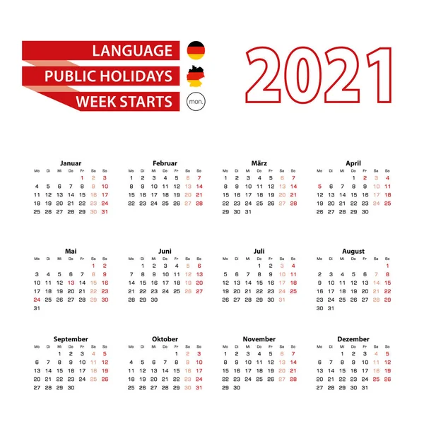 Ημερολόγιο 2021 Στη Γερμανία Γλώσσα Αργίες Χώρα Της Γερμανίας Έτος — Διανυσματικό Αρχείο