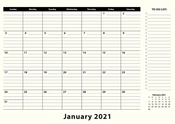 Januar 2021 Monatlicher Business Desk Pad Calendar Kalenderplaner Januar 2021 — Stockvektor