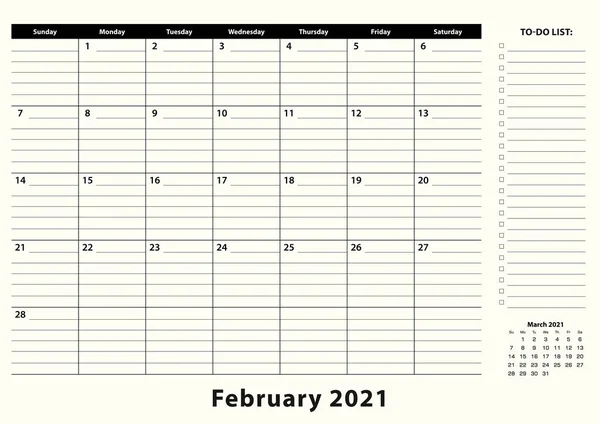 Лютий 2021 Щомісячний Бізнес Календар Столів Планувальник Календаря Лютого 2021 — стоковий вектор