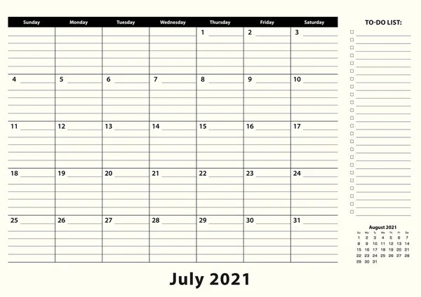Julio 2021 Mensual Business Desk Pad Calendar Julio 2021 Planificador — Vector de stock