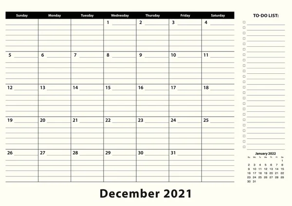 2021年12月ビジネスデスクパッドカレンダー 2021年12月黒と白のデザインでノートのためのTo Doリストと場所を持つカレンダープランナー — ストックベクタ