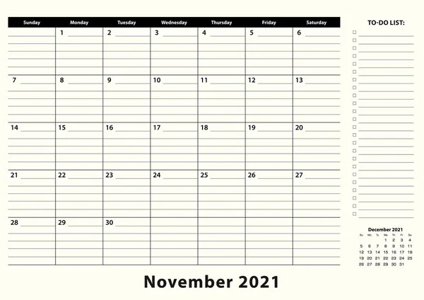 Листопад 2021 Місячний Бізнес Календар Столів Планувальник Календаря Листопада 2021 — стоковий вектор