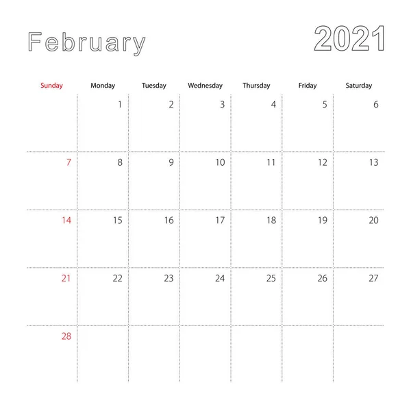 Simple Wall Calendar February 2021 Dotted Lines Calendar English Week — Stock Vector