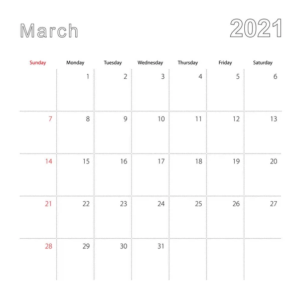 Simple Wall Calendar March 2021 Dotted Lines Calendar English Week — Stock Vector