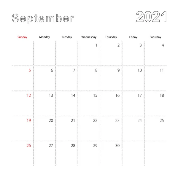 Einfacher Wandkalender Für September 2021 Mit Gestrichelten Linien Der Kalender — Stockvektor