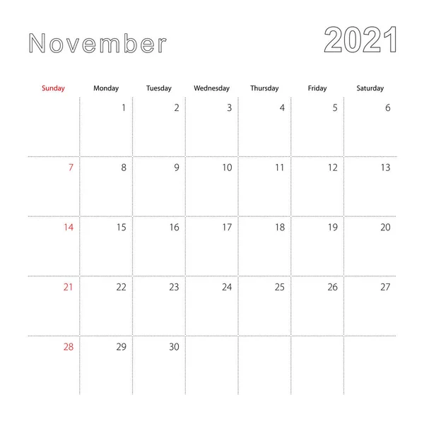 Semplice Calendario Parete Novembre 2021 Con Linee Tratteggiate Calendario Inglese — Vettoriale Stock