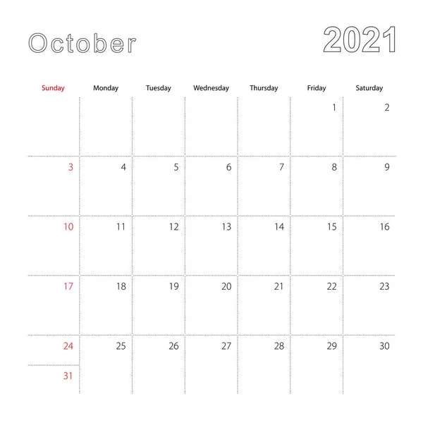 Calendario Pared Simple Para Octubre 2021 Con Líneas Puntos Calendario — Vector de stock