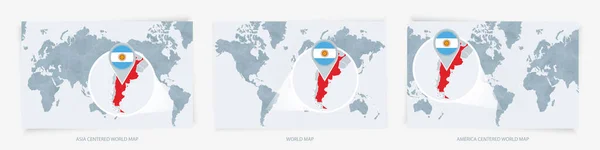 Three Versions World Map Enlarged Map Argentina Flag — Stock Vector