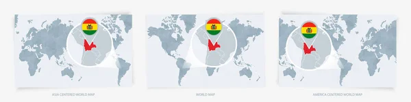 Три Версии Карты Мира Увеличенной Картой Боливии Флагом — стоковый вектор