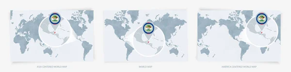 Drei Versionen Der Weltkarte Mit Der Vergrößerten Karte Von Belize — Stockvektor