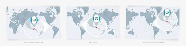 Drei Versionen Der Weltkarte Mit Der Vergrößerten Karte Von Guatemala — Stockvektor