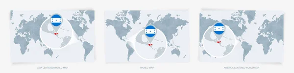 旗とホンジュラスの拡大地図と世界地図の3つのバージョン — ストックベクタ