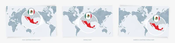Tres Versiones Del Mapa Mundial Con Mapa Ampliado México Con — Vector de stock