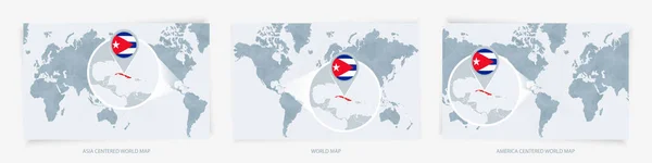 Drie Versies Van Wereldkaart Met Uitgebreide Kaart Van Cuba Met — Stockvector