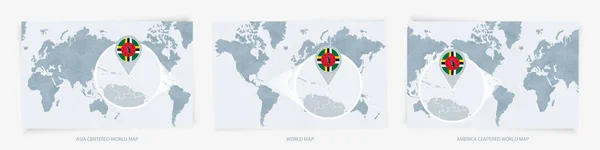 Три Версии Карты Мира Увеличенной Картой Доминики Флагом — стоковый вектор