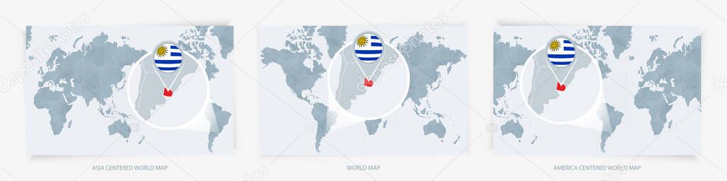 Three versions of the World Map with the enlarged map of Uruguay with flag.