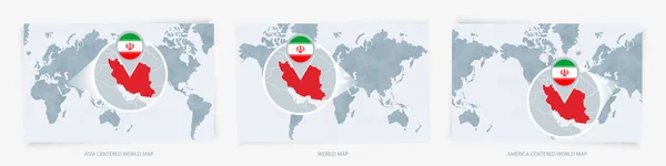 Tres Versiones Del Mapa Mundial Con Mapa Ampliado Irán Con — Vector de stock