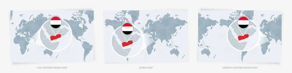 Три Версии Карты Мира Увеличенной Картой Йемена Флагом — стоковый вектор