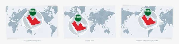 Три Версии Карты Мира Увеличенной Картой Саудовской Аравии Флагом — стоковый вектор
