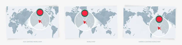 Tres Versiones Del Mapa Mundial Con Mapa Ampliado Bangladesh Con — Vector de stock