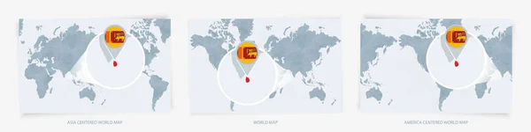 Tres Versiones Del Mapa Mundial Con Mapa Ampliado Sri Lanka — Vector de stock