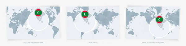 Три Версии Карты Мира Увеличенной Картой Мальдив Флагом — стоковый вектор