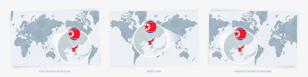 Drei Versionen Der Weltkarte Mit Der Vergrößerten Karte Von Nordkorea — Stockvektor