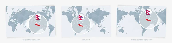 Tres Versiones Del Mapa Mundial Con Mapa Ampliado Nepal Con — Vector de stock