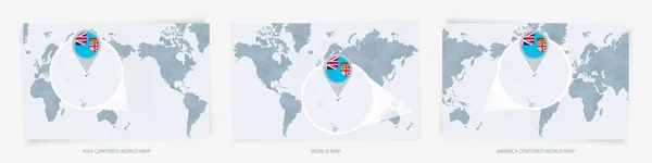 Три Версии Карты Мира Увеличенной Картой Фиджи Флагом — стоковый вектор