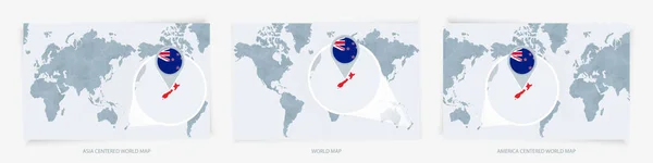 Tres Versiones Del Mapa Mundial Con Mapa Ampliado Nueva Zelanda — Vector de stock